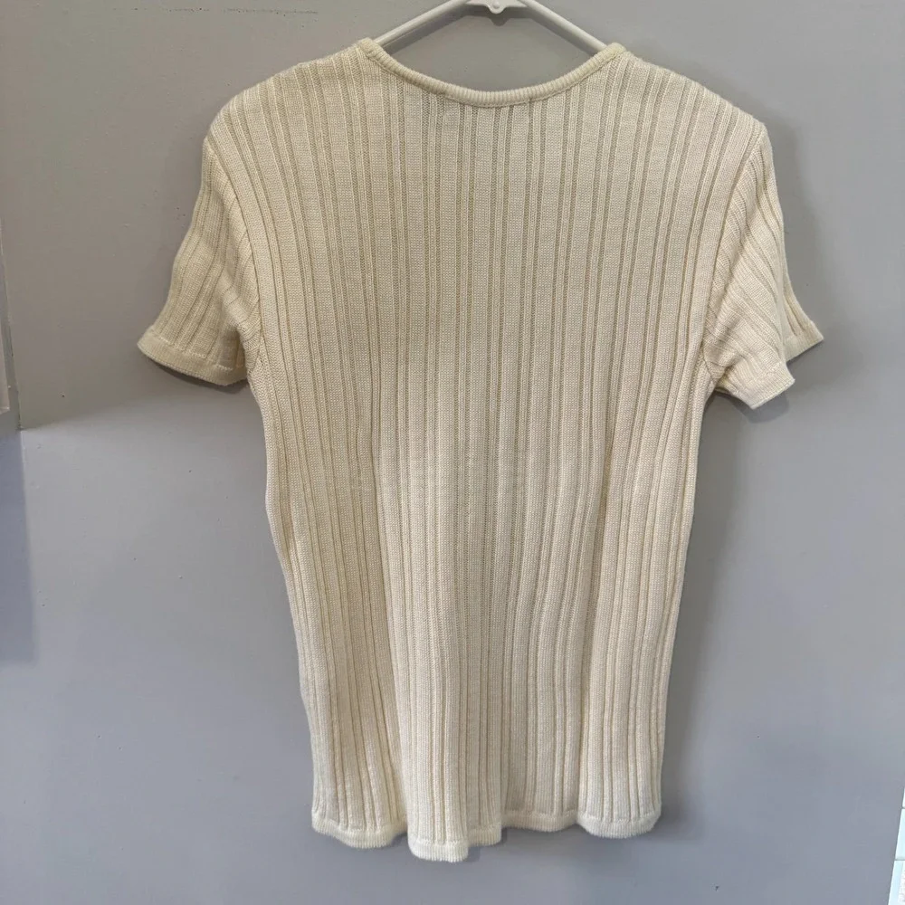 Liz Claiborne Sweater Womens Medium Cream‎ Rib Cable-Knit Short Sleeve Classic